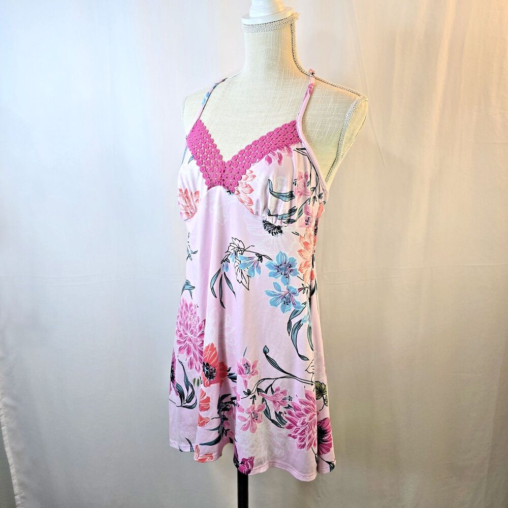 Secret Treasures Size L Baby Pink Floral Chemise Babydoll Slip Crochet T-Back